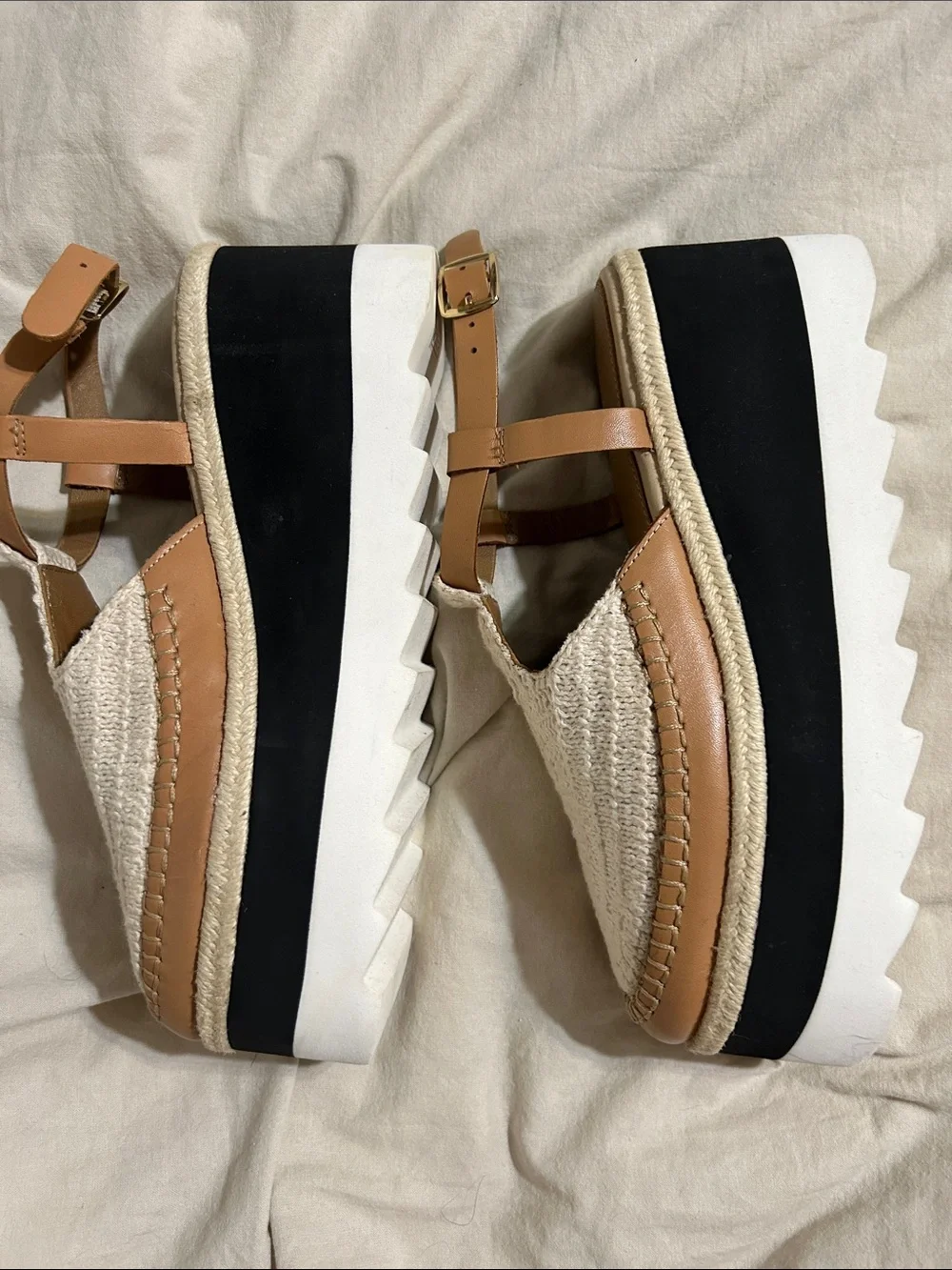 Free People Cream Crochet Platform Espadrille Sandals with Tan Straps